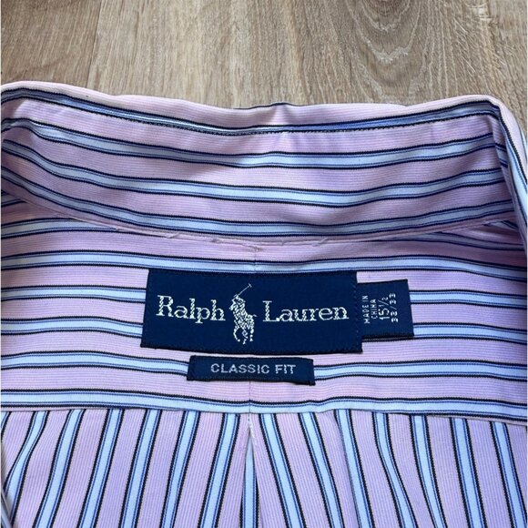90s Ralph Lauren Mens Cotton Button Down Striped Shirt Pink Blue White 32/33 - Picture 4 of 8
